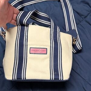 Vineyard Vines Navy & Cream Striped Canvas Crossbody with Pink Logo Patch